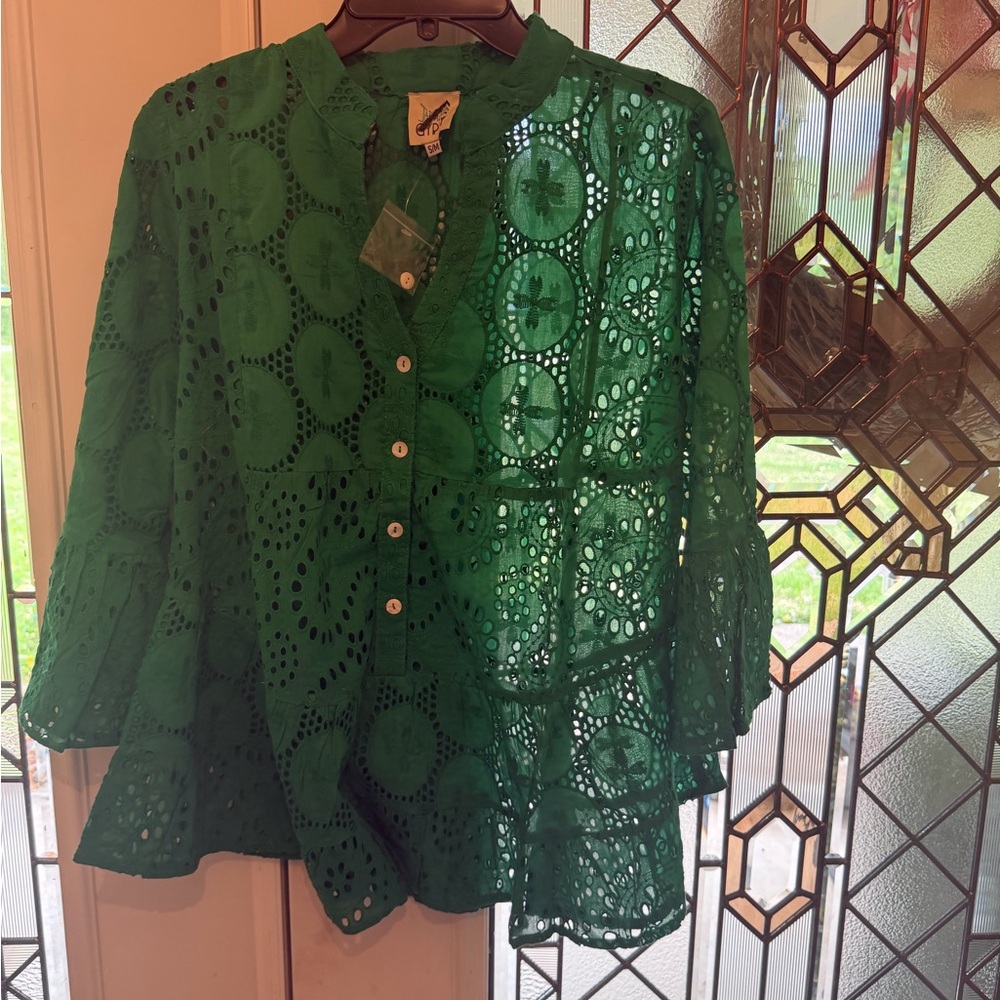 Jaded Gypsy Women's Green Eyelet Button-Front Blouse Ruffle Hem S/M. New. $198